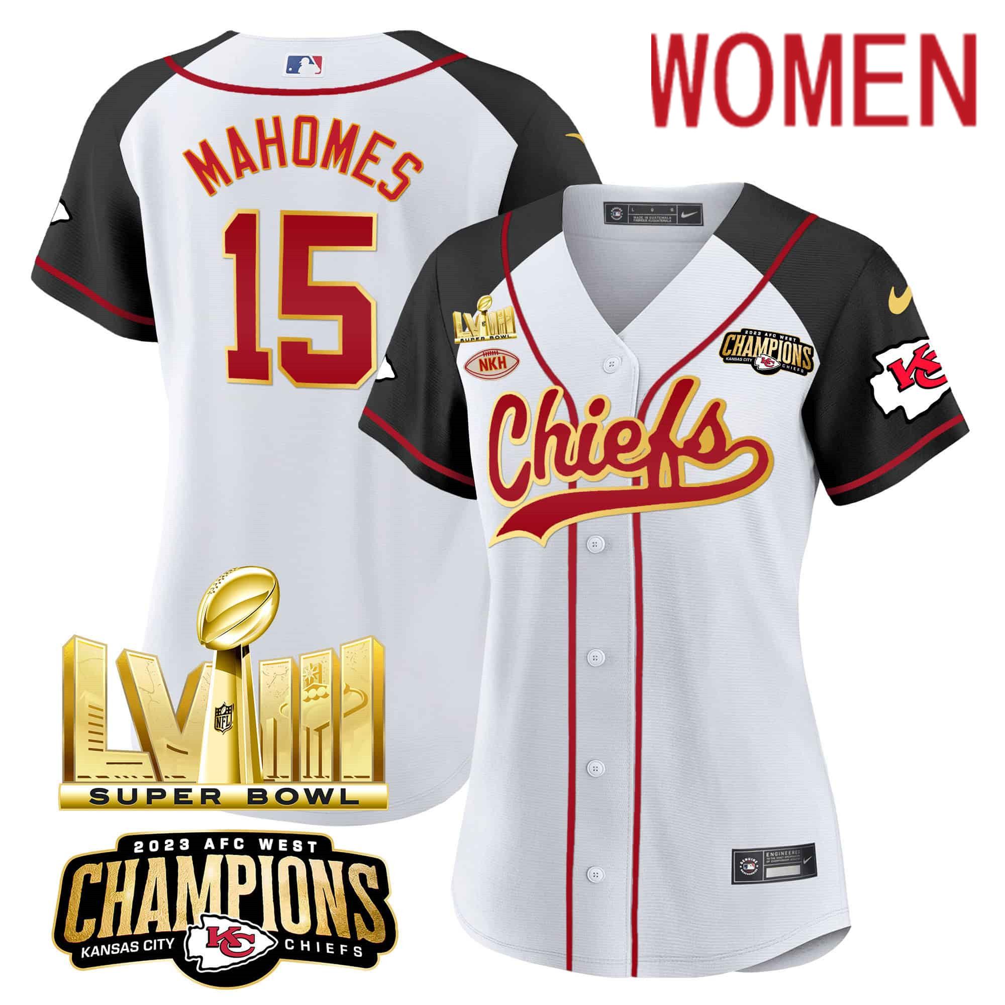 Women Kansas City Chiefs 15 Mahomes White 2024 Nike Super Bowl LVIII Back 2 Back Gold Patch Baseball NFL Jersey style 1